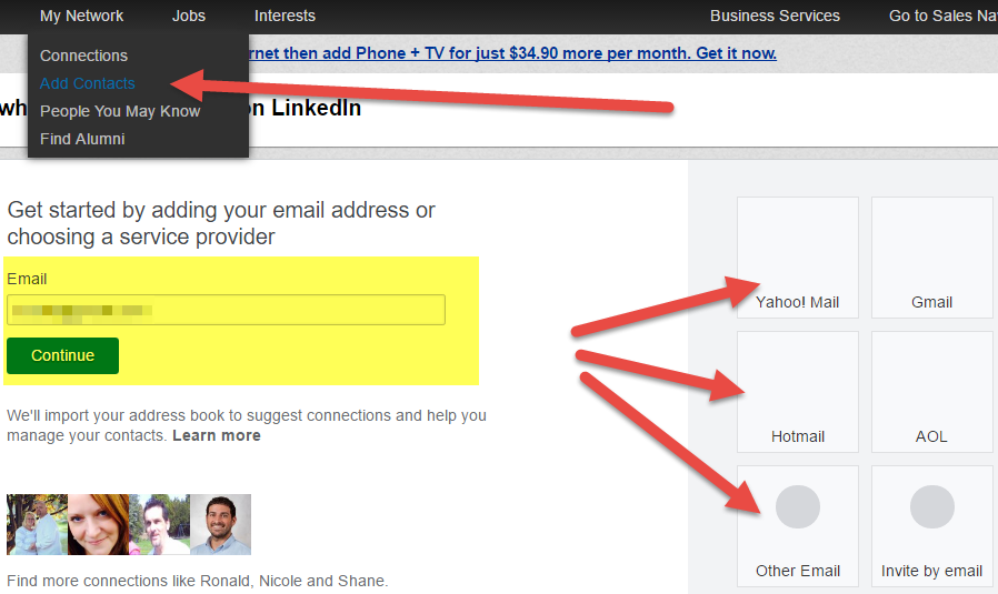 add linkedin connections via email